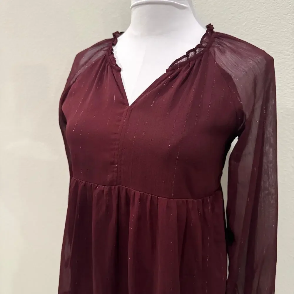 Old Navy Burgundy Long Sleeve Tiered Swing Dress Girls XL Boho Tiered Shimmer